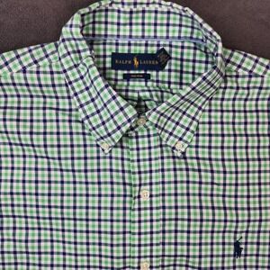 Ralph Lauren Shirt Mens XXL Blue Green Plaid‎ Button Up Long Sleeve Non Iron